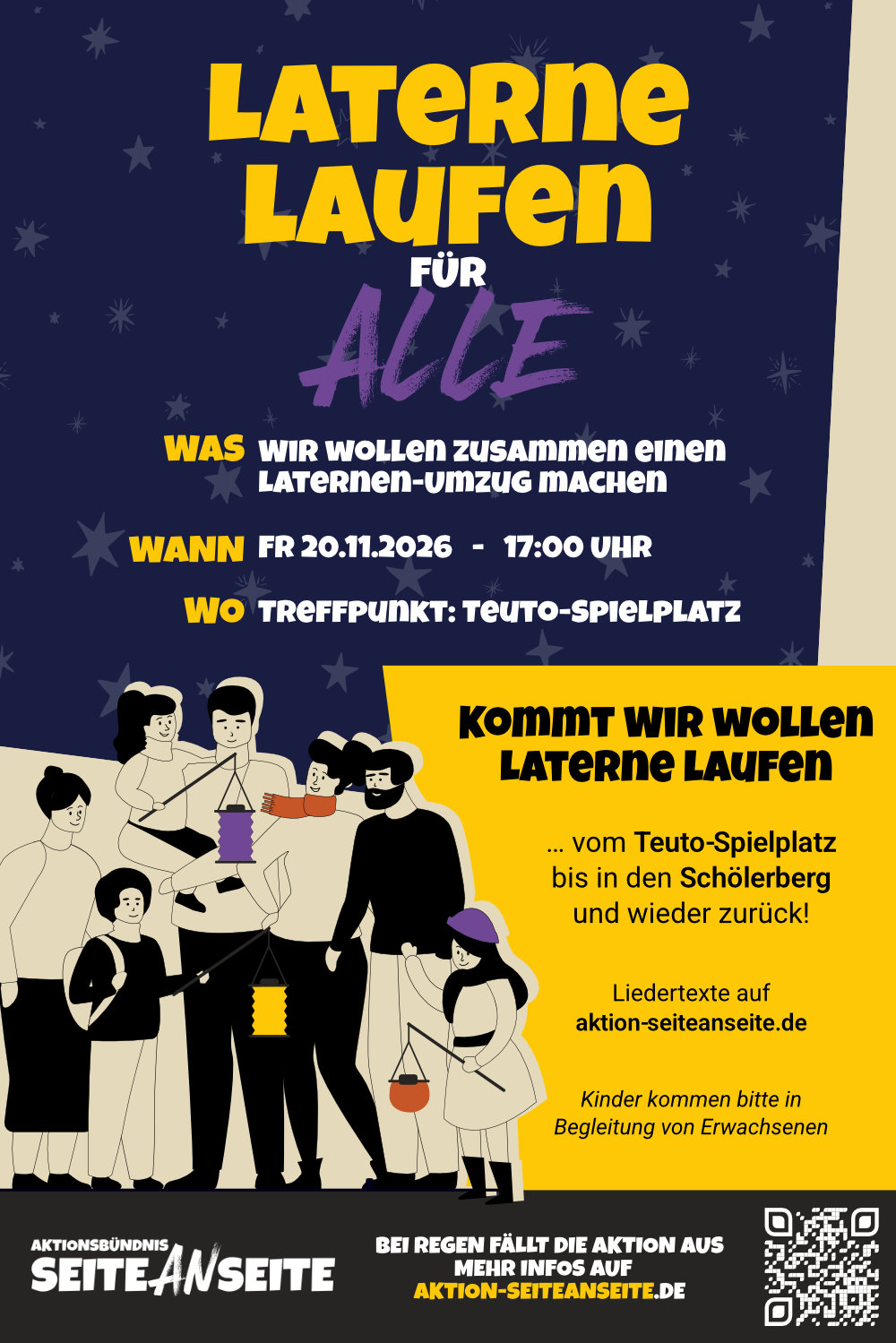Flyer zum Laterne laufen für Alle am 20.11.2026 um 17 Uhr. Treffpunkt Teuto-Spielplatz